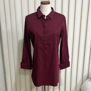 Chicos NO IRON cotton stretch Women's Burgundy tunic Blouse 1/2 button collared